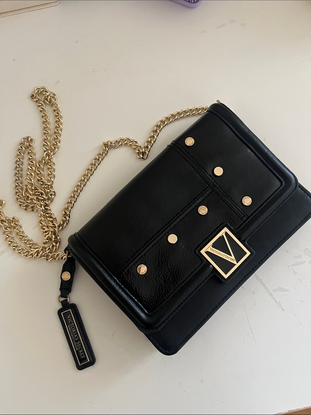 Victoria's Secret Black Crossbody with Gold Chain & Studs